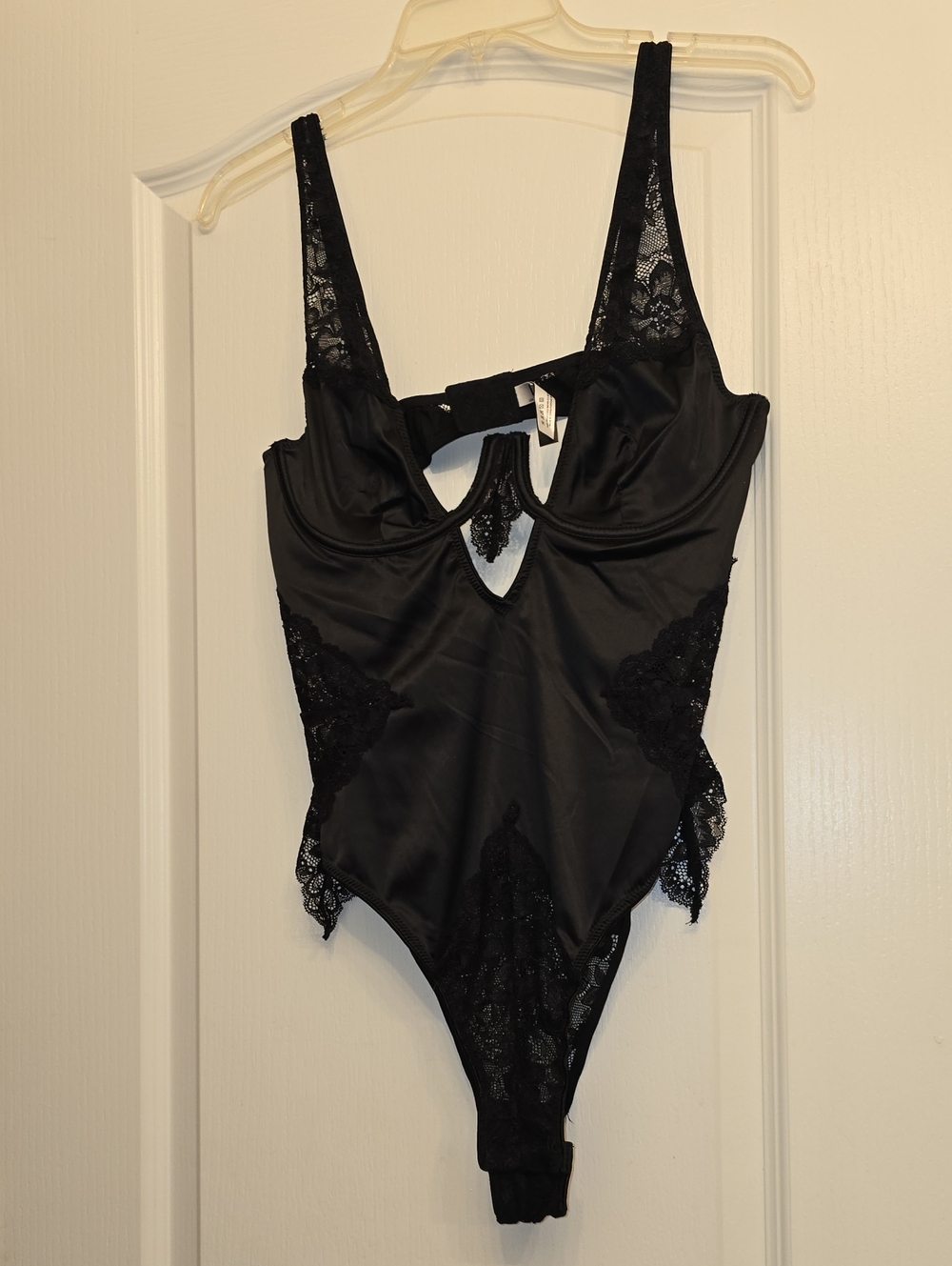 Black Lace Trim Satin Bodysuit